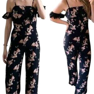 Black pink white floral off shoulder jumpsuit size small